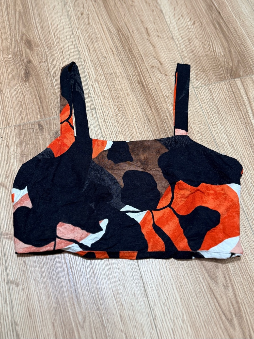 H&M Linen Blend Crop Top Women's S Black Orange Abstract Floral Square Neck